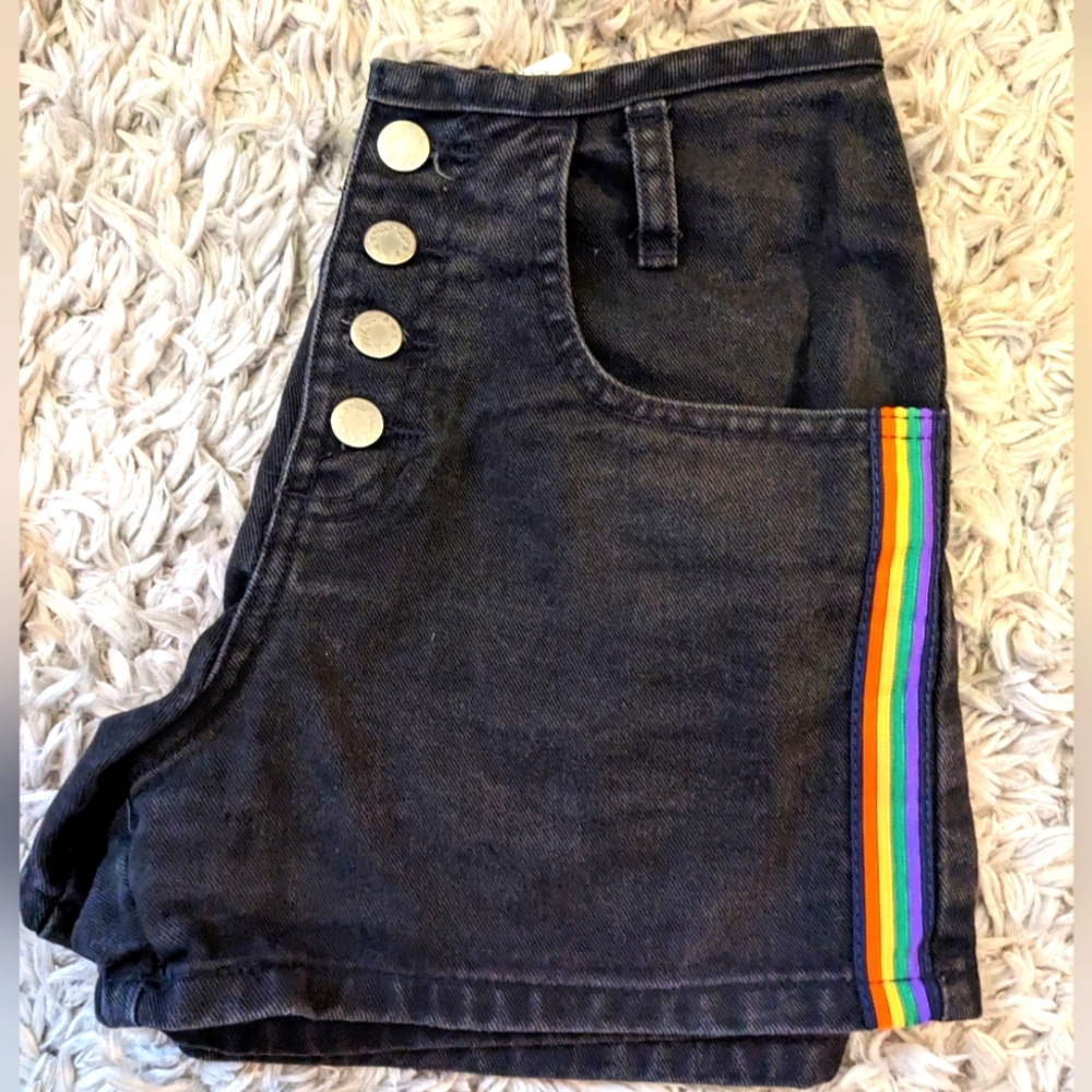 PRIDE Vintage Black Denim Rainbow Stripe Short Shorts High Waisted Size 5  EUC